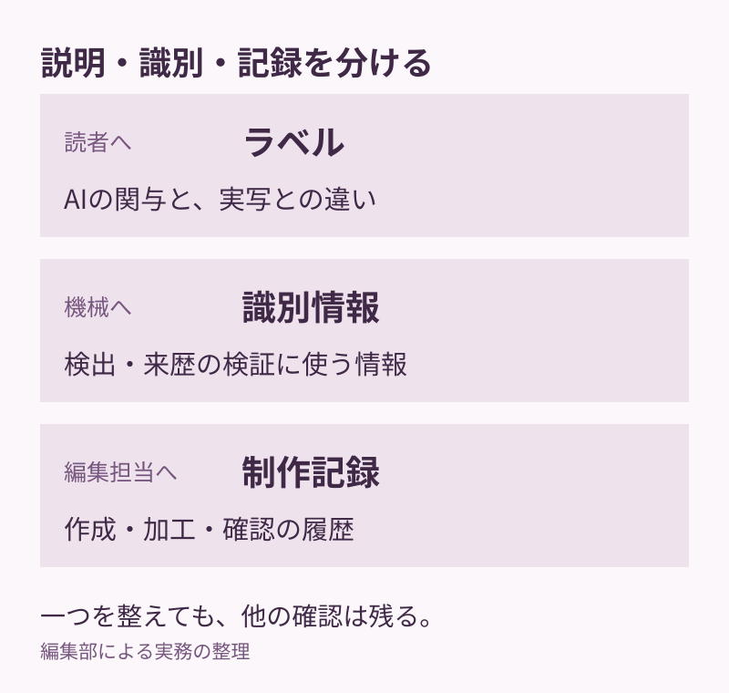 三つの役割。ラベルは読者に説明する。識別情報は機械が検出・検証する。制作記録は編集担当者が確認過程をたどる。