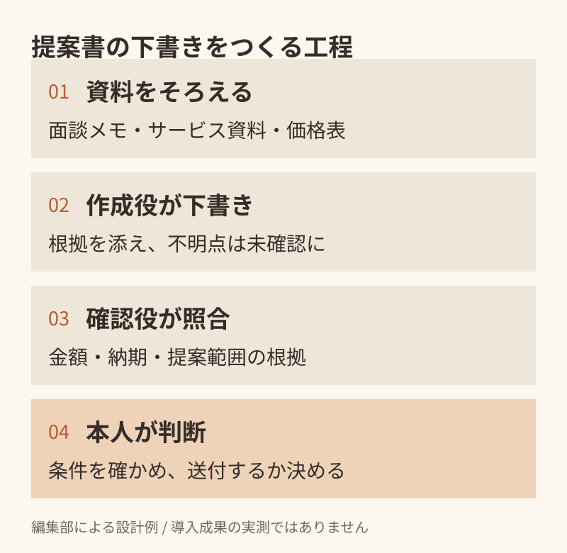 提案書の作成工程。資料をそろえ、作成役が下書きし、確認役が根拠を照合し、本人が金額・納期・送付を判断する。